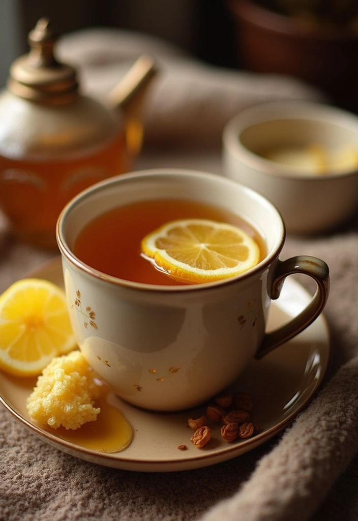 A steaming mug of Honey Ginger Tea with fresh ginger slices and a drizzle of honey on the side. The scene is cozy, featuring warm colors and a soft blanket, perfect for a soothing drink.