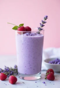 A delicate lavender berry smoothie in a glass, garnished with fresh berries and a sprig of lavender, placed on a soft pastel surface