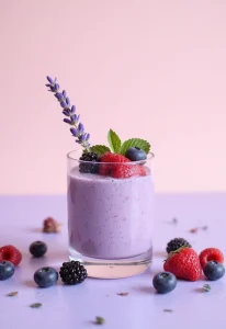 A delicate lavender smoothie in a glass, garnished with fresh berries and a sprig of lavender, placed on a soft pastel surface
