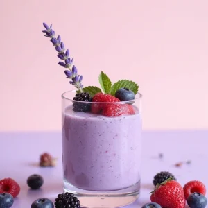 A delicate lavender smoothie in a glass, garnished with fresh berries and a sprig of lavender, placed on a soft pastel surface