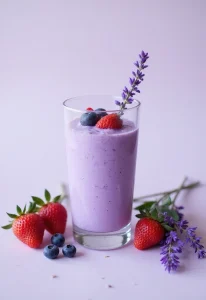 A delicate lavender berry smoothie in a glass, garnished with fresh berries and a sprig of lavender, placed on a soft pastel surface