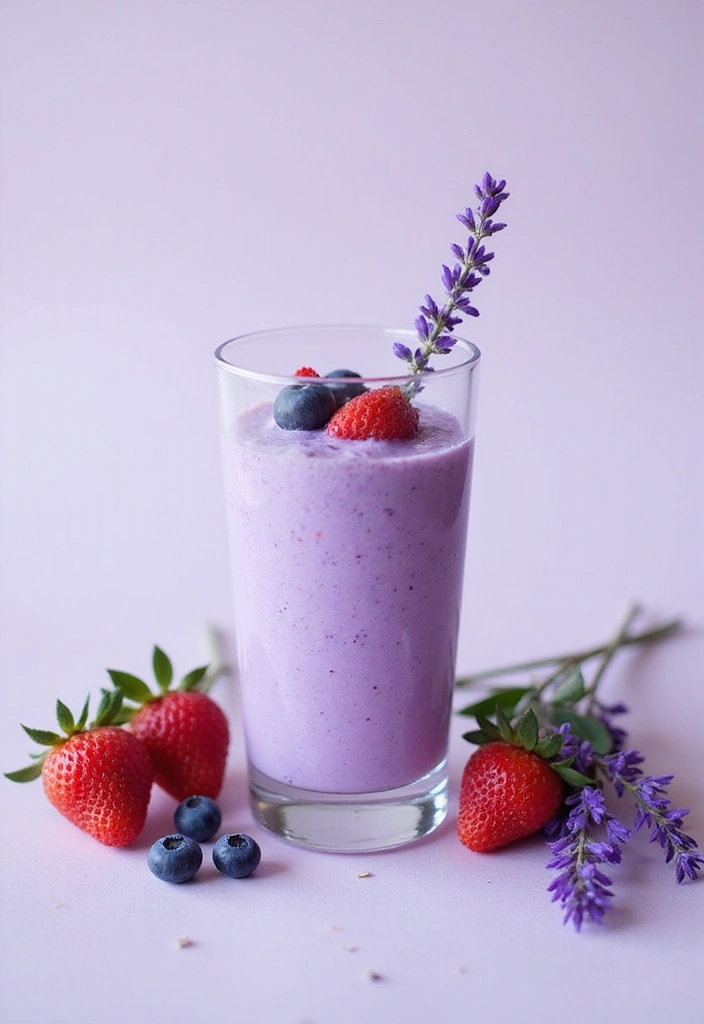 A delicate lavender berry smoothie in a glass, garnished with fresh berries and a sprig of lavender, placed on a soft pastel surface