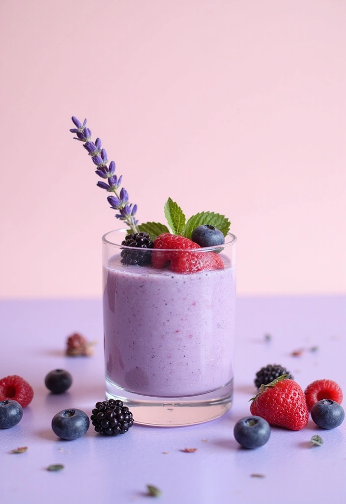 A delicate lavender berry smoothie in a glass, garnished with fresh berries and a sprig of lavender, placed on a soft pastel surface