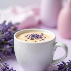 A delicate lavender latte served in a white ceramic mug, with a sprinkle of lavender flowers on top