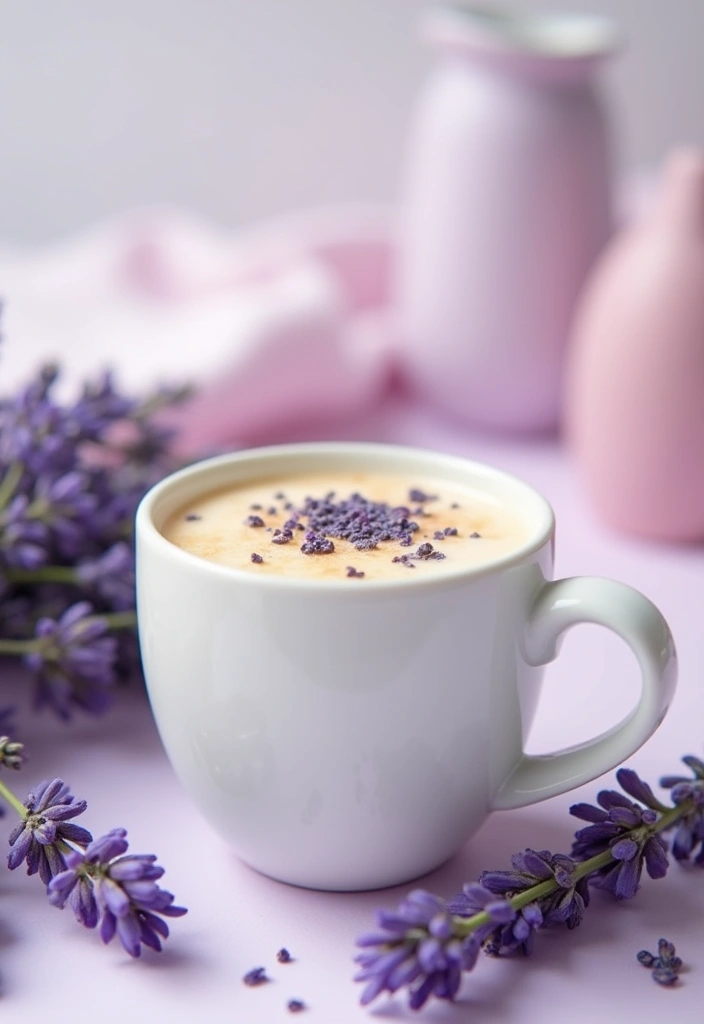 A delicate lavender latte served in a white ceramic mug, with a sprinkle of lavender flowers on top