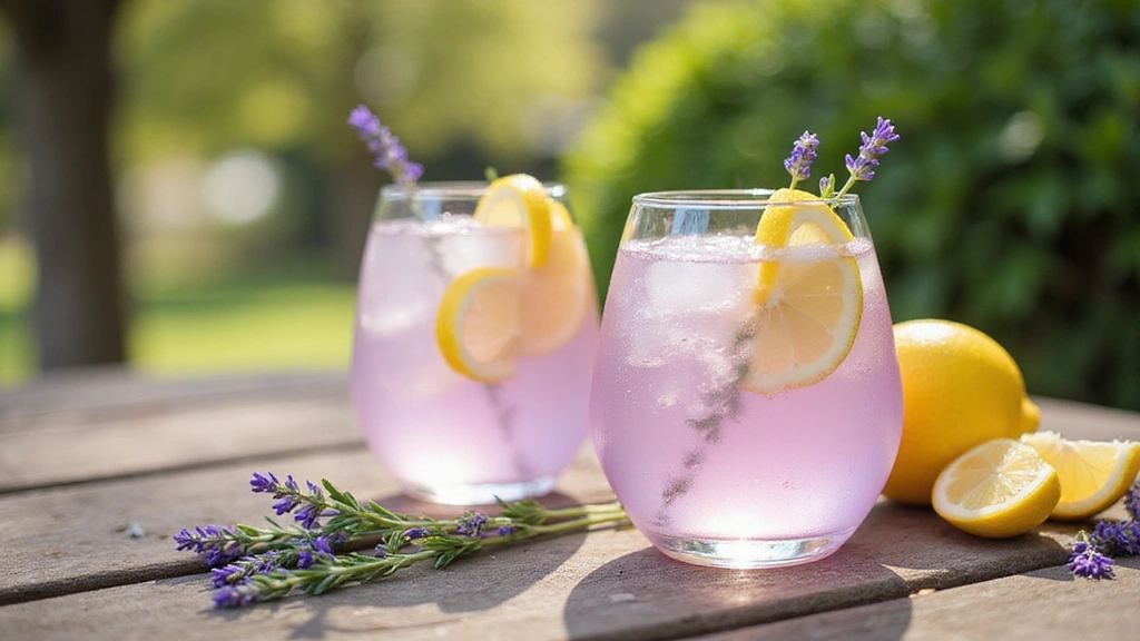 Lavender Lemonade Spritz in glasses garnished with lemon slices and fresh lavenders placed on a table in an outdoor setting