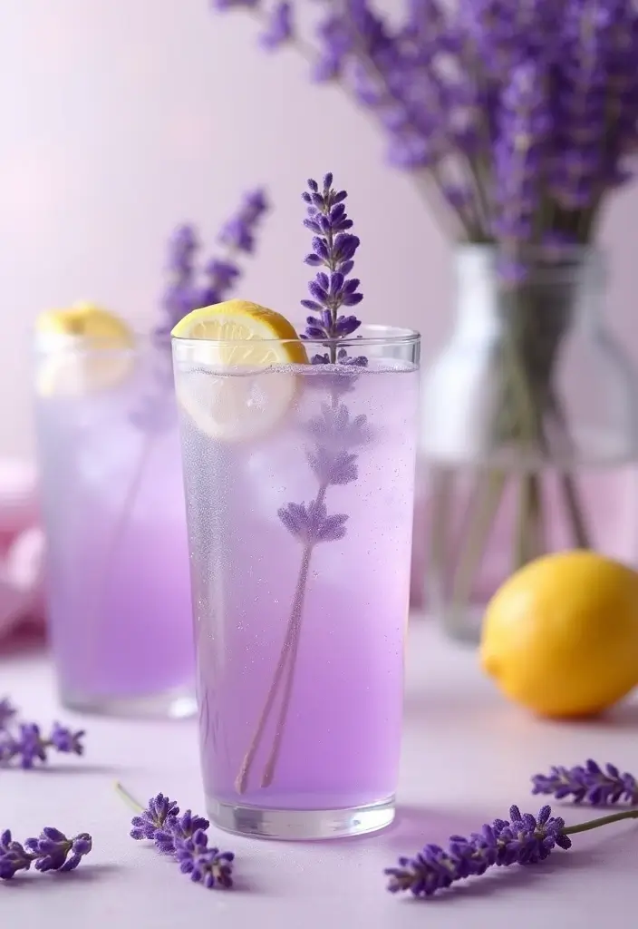 Lavender Lemonade Spritz in glasses garnished with lemon slices and fresh lavender