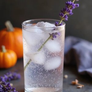 A clear lavender spritzer with Prosecco in a glass, garnished with lavender sprigs