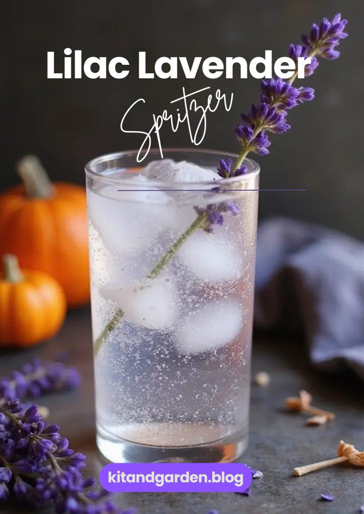 A clear lavender spritzer with Prosecco in a glass, garnished with lavender sprigs