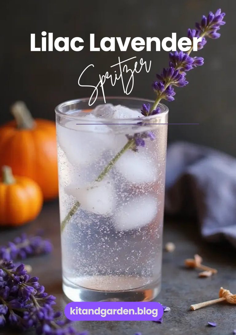 A clear lavender spritzer with Prosecco in a glass, garnished with lavender sprigs
