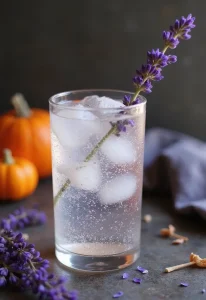 A clear lavender spritzer with Prosecco in a glass, garnished with lavender sprigs