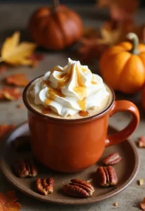 A delightful maple pecan coffee in a warm-colored mug, topped with whipped cream and a drizzle of maple syrup. The backdrop is cozy with autumn elements, creating a perfect brunch atmosphere
