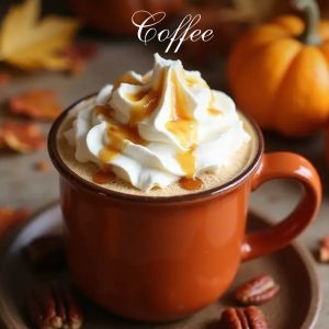 Maple Pecan Coffee Recipe: A delightful maple pecan coffee in a warm-colored mug, topped with whipped cream and a drizzle of maple syrup