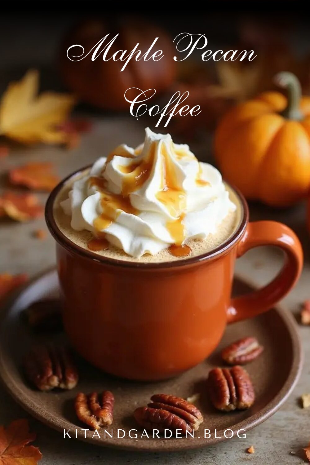 Maple Pecan Coffee Recipe: A delightful maple pecan coffee in a warm-colored mug, topped with whipped cream and a drizzle of maple syrup