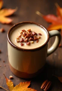 A delightful maple pecan coffee in a warm-colored mug, topped with whipped cream and a drizzle of maple syrup. The backdrop is cozy with autumn elements, creating a perfect brunch atmosphere