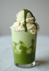 An elegant matcha affogato served in a clear glass, showcasing the green matcha and white vanilla ice cream. The background includes soft-focus greenery and light, emphasizing freshness and flavor