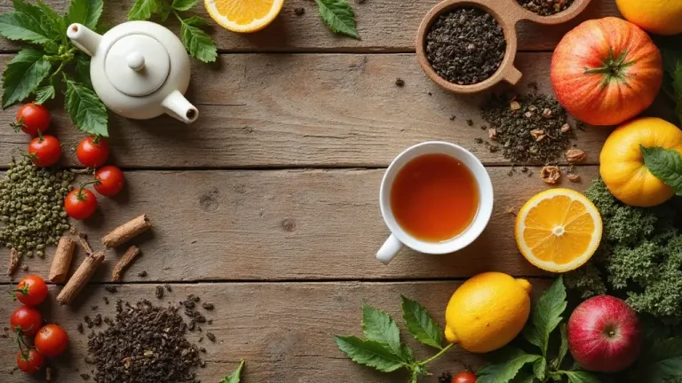 Medicinal Herbal Tea Recipes: A beautiful flat lay featuring various colorful tea ingredients, teapots, and mugs on a wooden table, showcasing a warm, inviting tea theme. The scene includes loose tea leaves, fresh fruits, and herbs, with natural lighting enhancing the overall cozy atmosphere.