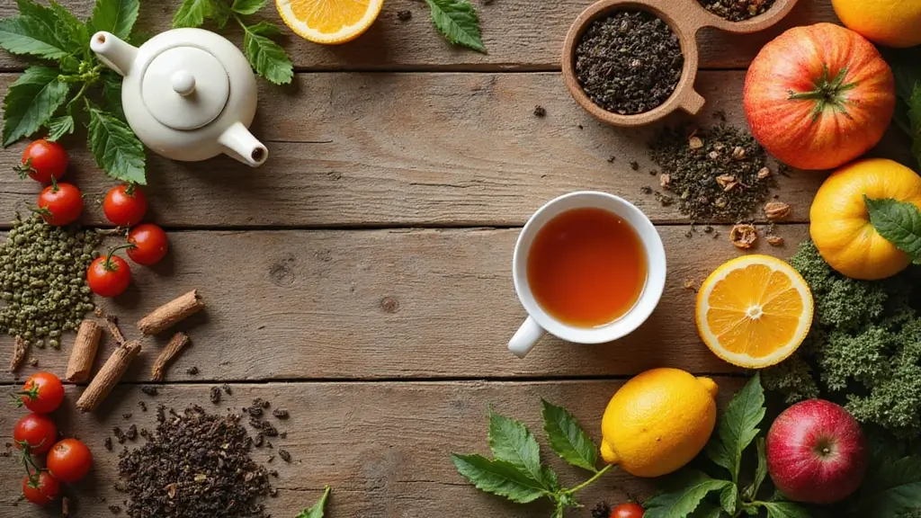 Medicinal Herbal Tea Recipes: A beautiful flat lay featuring various colorful tea ingredients, teapots, and mugs on a wooden table, showcasing a warm, inviting tea theme. The scene includes loose tea leaves, fresh fruits, and herbs, with natural lighting enhancing the overall cozy atmosphere.