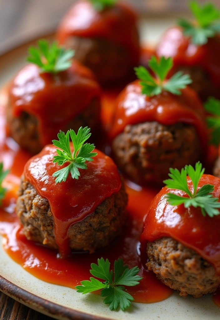 A plate of Mini Meatloaves drizzled with ketchup, garnished with fresh parsley