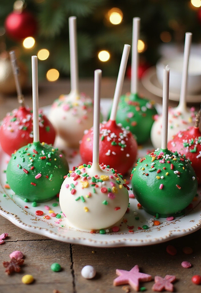 53 Festive Recipes for the Holidays Festive Christmas recipes cake pops in red, green, and white coating with sprinkles on a decorative plate in front of blurred holiday lights and tree.