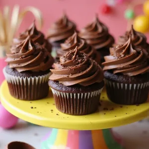 A vibrant display of mudslide cupcakes beautifully decorated with rich chocolate frosting, sprinkled with chocolate shavings, and arranged on a colorful cake stand.