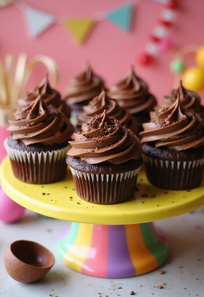 A vibrant display of mudslide cupcakes beautifully decorated with rich chocolate frosting, sprinkled with chocolate shavings, and arranged on a colorful cake stand.