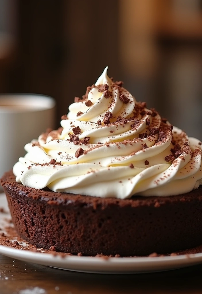 A decadent chocolate mudslide pie topped with a generous layer of whipped cream and chocolate shavings, displayed beautifully on a dessert table.