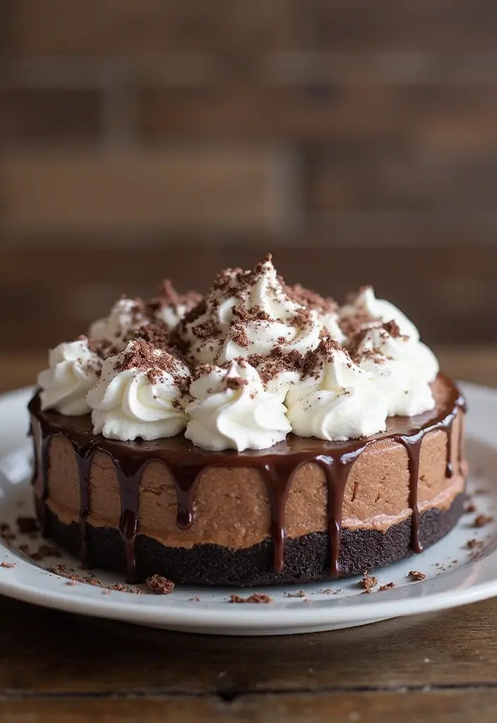 A decadent mudslide chocolate pie topped with a generous layer of whipped cream and chocolate shavings, displayed beautifully on a dessert table. The setting is elegant and mouthwatering, tempting viewers with its rich presence.