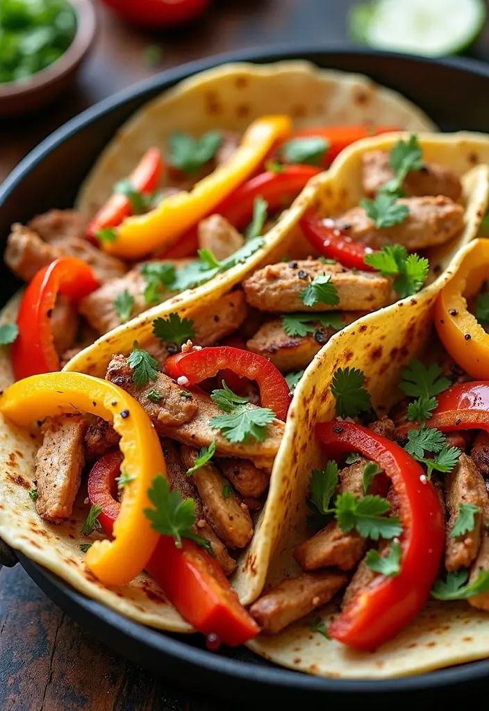 A vibrant plate of One-Pan Chicken Fajitas, with colorful bell peppers, chicken strips, warm tortillas, and fresh toppings, elegantly arranged