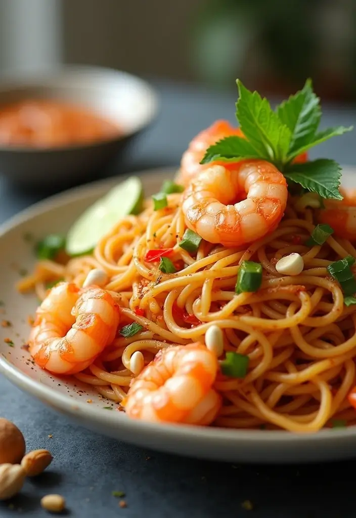 A vibrant plate of Pad Thai, topped with shrimp and garnished with lime and peanuts
