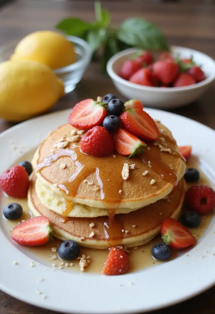 A cheerful plate of Pancakes for Dinner displayed with fresh fruits, syrup, and a sprinkle of nuts