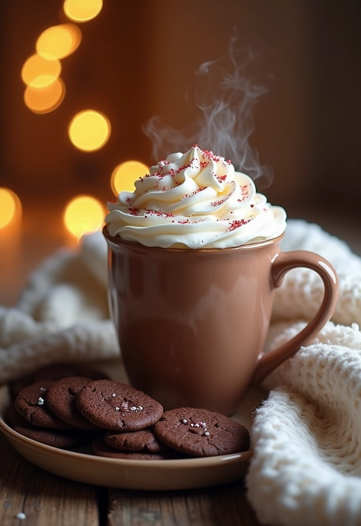 A cozy scene featuring a mug of Peppermint Hot Chocolate Tea topped with whipped cream and sprinkled with crushed peppermint candies, set next to a warm blanket and a plate of chocolate cookies. Soft, warm lighting enhances the comforting atmosphere.