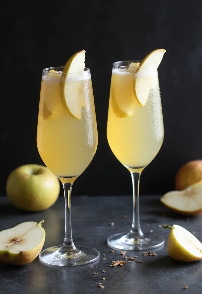 A Coconut Pear Fizz in a tall glass garnished with pear slices, set against a bright summer backdrop filled with fresh fruits and greenery.
