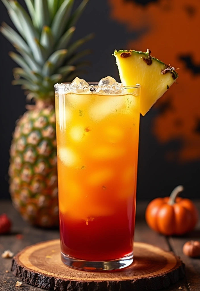 A stunning layered cocktail showcasing yellow pineapple juice and red grenadine, garnished with a pineapple slice