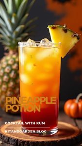 A stunning layered cocktail showcasing yellow pineapple juice and red grenadine, garnished with a pineapple slice, set against a vibrant Halloween backdrop