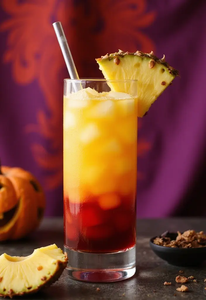 53 Festive Recipes for the Holidays A stunning layered cocktail showcasing yellow pineapple juice and red grenadine, garnished with a pineapple slice, set against a vibrant Halloween backdrop