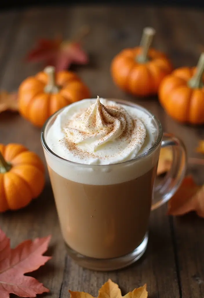 A pumpkin spice latte in a glass topped with cream