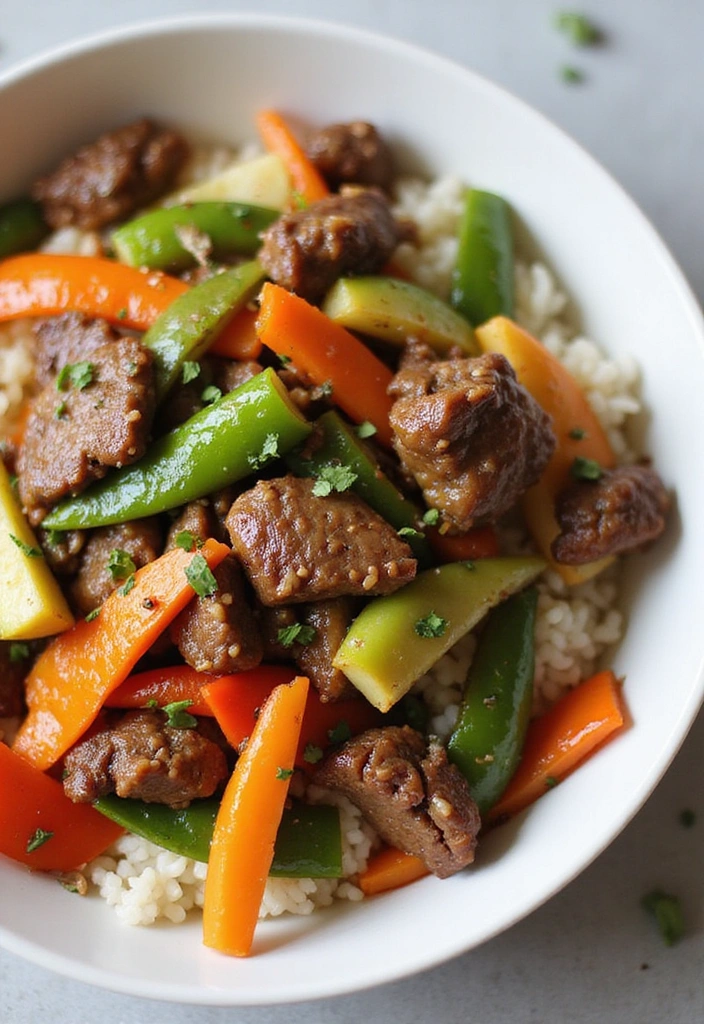 Home A colorful bowl of Quick Beef Stir-Fry featuring vibrant vegetables and tender beef, served over fluffy rice, arranged beautifully