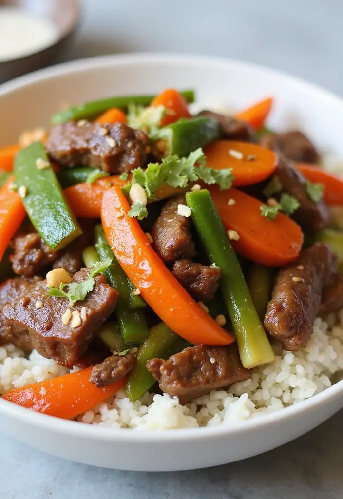 A colorful bowl of Quick Beef Stir-Fry featuring vibrant vegetables and tender beef, served over fluffy rice