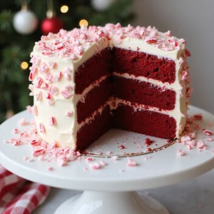 An elegant red velvet cake placed on a white cake table