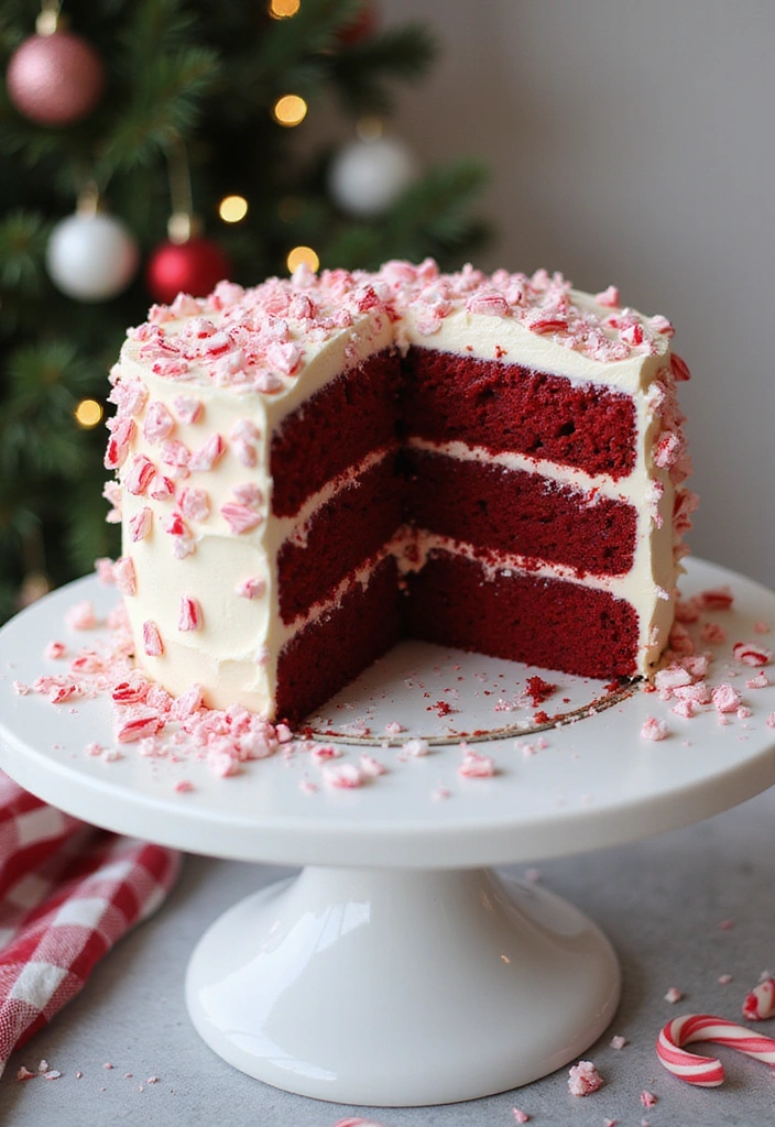 An elegant red velvet cake placed on a white cake table