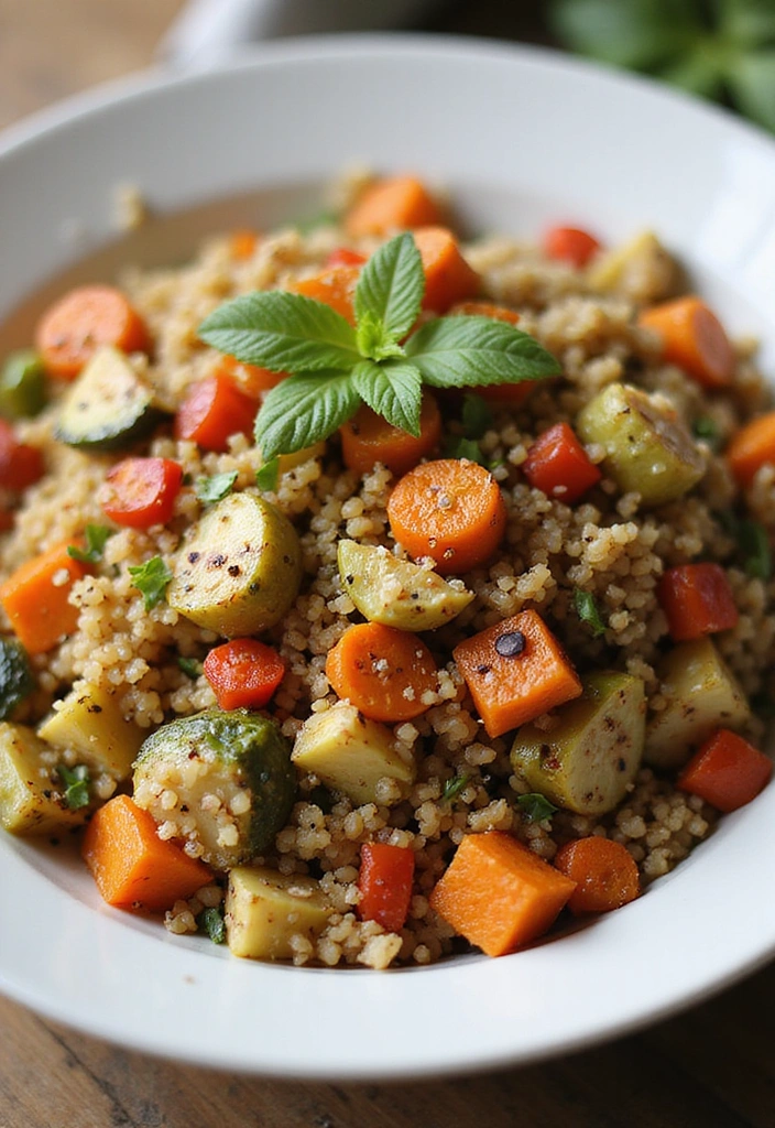 A wholesome bowl of Roasted Vegetable Quinoa, colorful and inviting, featuring an array of roasted vegetables, artfully arranged