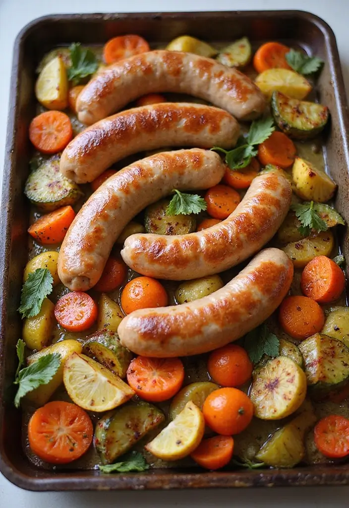 A vibrant sheet pan filled with roasted sausage and colorful mixed vegetables, arranged beautifully on a kitchen counter