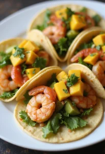 A vibrant plate of Shrimp Tacos topped with Mango Salsa, beautifully presented with fresh ingredients, arranged attractively