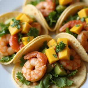 A vibrant plate of Shrimp Tacos topped with Mango Salsa, beautifully presented with fresh ingredients, arranged attractively