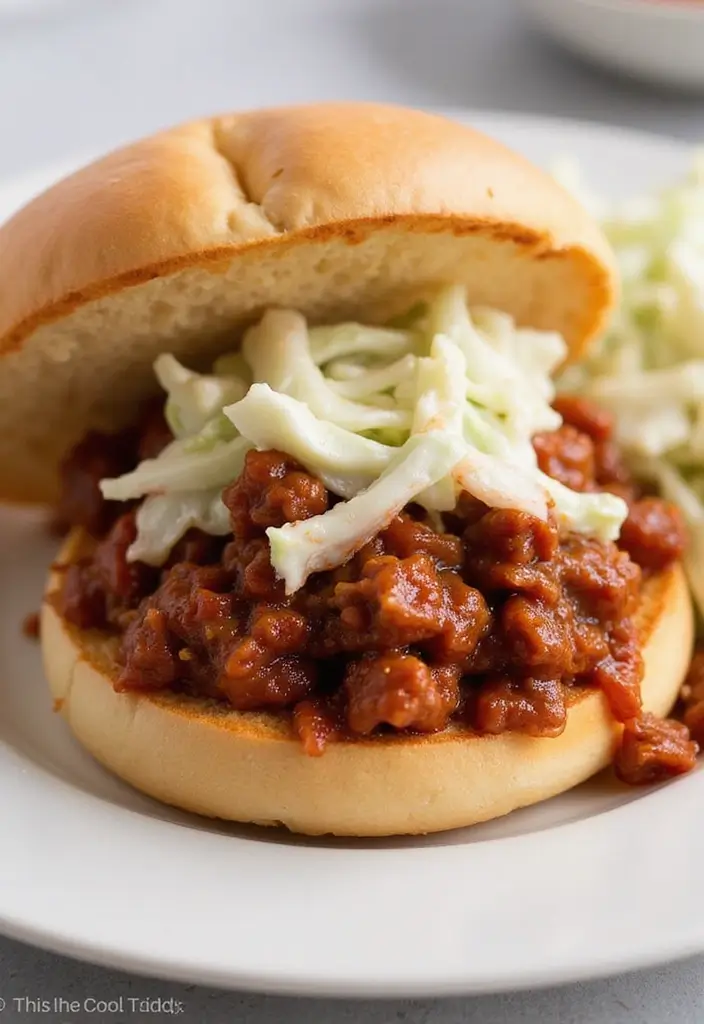 A plate of Sloppy Joes, featuring a messy yet inviting sandwich, served with a side of cabbage coleslaw