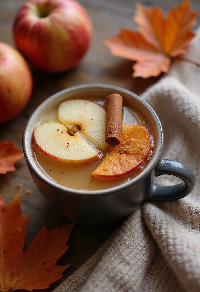A cozy mug of Spiced Apple Cider Tea, garnished with apple slices and sprinkled with cinnamon. The background is filled with autumn leaves and a warm sweater, creating an inviting fall atmosphere.