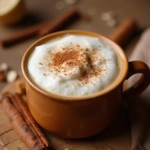 A flavorful spicy chai cappuccino served in a cozy mug, topped with frothed milk and a sprinkle of cinnamon. The background is warm and inviting, perfect for a comforting vibe
