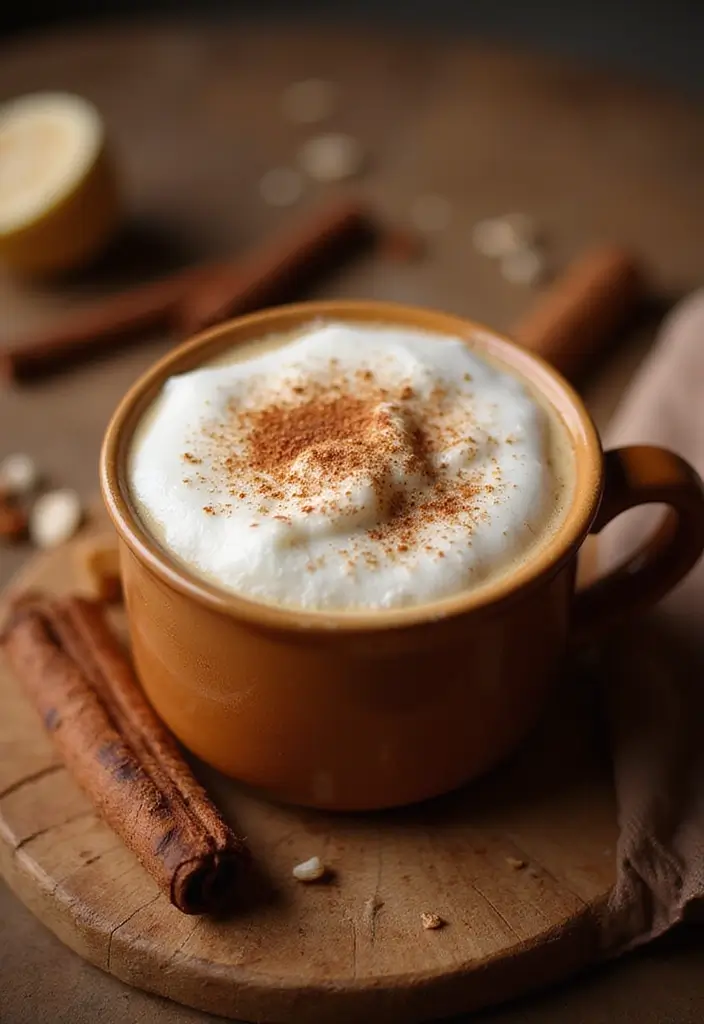 A flavorful spicy chai cappuccino served in a cozy mug, topped with frothed milk and a sprinkle of cinnamon. The background is warm and inviting, perfect for a comforting vibe