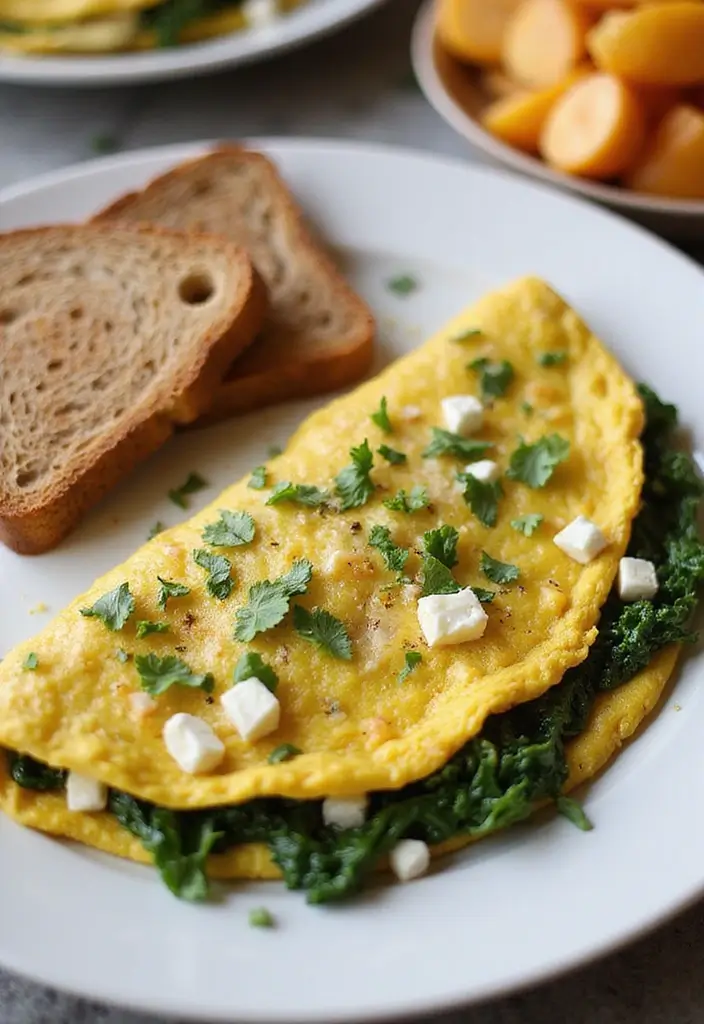 Healthy breakfast recipes with eggs: A beautifully plated spinach and feta omelette, garnished with fresh herbs, served with whole-grain toast and a side of seasonal fruit.